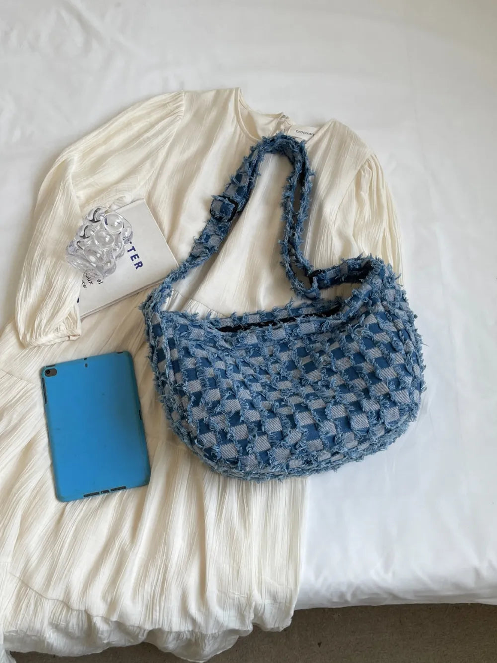 Checkered Raw Edge Denim Shoulder Bag – Rare Glow